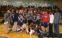 The Stepinac High Basketball Team celebrates after beating Thurgood Marshall Academy, 70-65, in the 12th Annual Big Apple Basketball High School Invitational, at Baruch College, in Manhattan, on Saturday. Albert Coqueran Photos