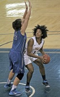 Pace forward Rachel Dortch tries to score inside vs. Georgian Court.