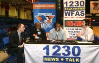 L-r] Westchester Knicks weekly radio show co-host Jordan Griffith, spends time with his former high school coach, Tigers Coach Spencer Mayfield and former teammate Sean Kilpatrick, as he and WFAS co-host Chris De’Angelo, welcome Kilpatrick back to the Westchester County Center, as a member of the Delaware 87ers. 