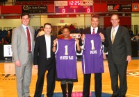 On Friday, Feb. 6, the Westchester Knicks with Pepe Auto Group, hosted a special jersey night in honor of My Sisters’ Place. [L-r]  Westchester Knicks Director of Marketing Partnerships, Marc Miller, MSG Marketing Executive, Dave Decina, CEO of My Sisters’ Place, Karen Cheeks-Lomax, GM of Mercedes Benz of White Plains, Gary Turco and West. Knicks VP of Business Operations, Bill Boyce, display a replica of the purple jerseys worn by the team that evening in honor of My Sisters’ Place. 