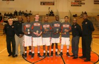 The White Plains High School Boys Basketball Team celebrated Senior Day, before their home game against Scarsdale High School, on Tuesday, Feb. 3. [L-r] Assistant Coach Ed Sands, Head Coach Spencer Mayfield, seniors Kevin Trapp, Nijee Lewis-Jones, Weston Reed, and Terrance Scott with Assistant Coaches Paul Scotman and Devon Wilson. 