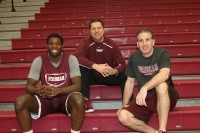 Fordham University freshman Eric Paschall from Dobbs Ferry (left) is the leading scorer on the Rams basketball team. Paschall is pleased with his choice to join Head Coach Tom Pecora (center) and Assistant Coach Tom Parrotta in their quest to turn the Rams basketball program around. Albert Coqueran Photos