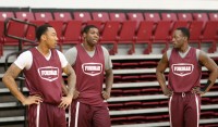 [L-r] Rams junior guard Mandell Thomas, freshman guard Eric Paschall and senior guard Bryan Smith take a breather at practice on Friday, while preparing to face the University of Massachusetts the next day. 
