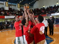 The Woodlands Boys basketball team hoisted the Gold Ball after winning the Section 1 Class B Title, at the County Center. On Saturday, the Falcons beat Southampton, 68-58, in the Regional Finals to advance to the NYS State Final Four.  Lonnie Webb Photography