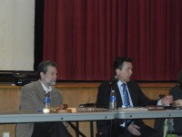 Brewster Superintendent of Schools Tim Conway and school board president Stephen Jambor sit and listen to parents during a recent board meeting, in which the 2015-2016 proposed budget was the main topic. 
