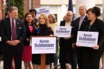 Mount Kisco Village Trustee Karen Schleimer, at podium, is surrounded by fellow Democratic county legislators Peter Harckham, Catherine Borgia and Michael Kaplowitz and other supporters during her announcement of her candidacy for the Board of Legislators.