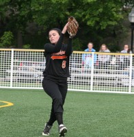 Tigers senior Jessica McMahon makes a running catch in leftfield to end the third inning but the Koalas went on to beat the Tigers, 6-0, in the First Round of the Section 1 Softball Playoffs. 