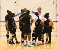 NY Liberty Head Coach Bill Laimbeer goes over strategy during practice at the MSG Training Center in Tarrytown. Laimbeer has his Ladies of Liberty at 4-3 and in second place in the East, as he awaits the roster addition of star guard Epiphanny Prince, on July 9.