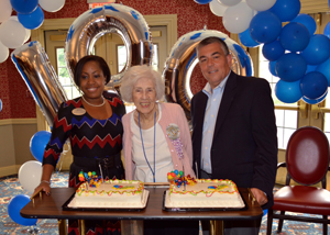 From left, Nichola Johnson, executive eirector of The Bristal at Armonk, 100-year-old Martha Clyman and North Castle Councilman Stephen D’Angelo.