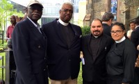 Religious leaders at Friday’s Interfaith gather (l to r) Walter Simon, Sr. Warden Grace Episcopal Church; Rev. Dr. Gregory Robeson Smith, Mount Hope A.M.E. Zion Church; Fr. Dr. Gawain de Leeuw, Bartholomew’s Episcopal Church; Rev. Jennifer S. Leath, PhD, Allen A.M.E. Church, White Plains. 