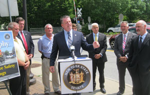 State Sen. Terrence Murphy was joined by several local elected officials Monday to call for passage of legislation that would give municipalities the option to install video cameras at railroad crossings.