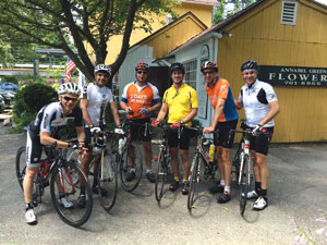 Some of the members of last year’s Team Betty gather in Chappaqua before embarking on the 75-mile Pedal Pumping for Parkinson’s Annual Charity Ride. Chappaqua’s Bruce Wolfe organizes and leads the excursion.