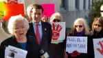 Assemblywoman Sandy Galef, left, and Assemblyman David Buchwald on Friday called for a halt to work on the Algonquin Pipeline in Blue Mountain Preserve, saying the clearing of parkland requires further state review.  