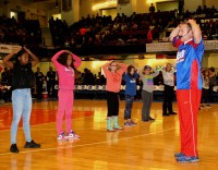 White Plains resident Steve Max excited the crowd at halftime of the Westchester Knicks Home Opener with his signature Simon Sez moves as young fans tried to follow. 