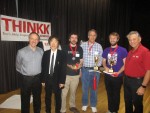 Robert Fuhrer, far right, who runs the Chappaqua KenKen Tournament, with, from left, Will Shortz, KenKen inventor Tetsuya Miyamoto, third-place finisher Daniel Walkowitz, winner Martin Eiger and runner-up John Gilling.