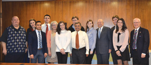 The Pace Economics team, which earned its second consecutive national championship earlier this month. From left are Professor Mark Weinstock, Yuliya Palianok, Omar Habib, Jozef Lampa, Dean Nira Herrmann, Daniella Gambino, Professor Greg Colman, Provost Uday Sukhatme, Katherine Craig, Pace President Stephen Friedman, Jonathan Okane, Melissa Navas and Economics Department Chairman Joseph Morreale.