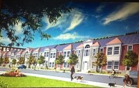 Architect’s rendering of a residential street with townhouses, illustrates a new vision for the entryway to White Plains from the Post Road. 