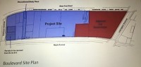 Proposed site plan for the Boulevard shows the project area in blue with existing automotive sites in red. The blue area was once home to several car dealerships, now out of business and the area excavated. The plan also provides for pedestrian access through the site between Post Road and Maple Avenue.