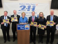 : (From left) Peter Harckham, Assistant Director, NYS Office of Community Renewal; Michael Piazza, Commissioner of the Putnam County Departments of Mental Health, Social Services and the Youth Bureau; Alana Sweeny, President and CEO of United Way Westchester and Putnam; Westchester County Executive Robert P. Astorino; Putnam County Executive MaryEllen Odell; and Michael Kaplowitz, Chair of the Westchester County Board of Legislators.