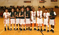 On Feb. 9, the White Plains Boys Basketball Team celebrated their seniors: [l-r] Luis Cartagena, Jace Yaverbaum, Matt Scott, Tommy Avery, Nick Amodio, C.J. Layne, Braxton Gill, Tyleik Jackson and Lamar Noel. On Saturday, Feb. 20, these seniors helped the Tigers advanced to the Section 1 AA Semifinals for the first time in nine years. For more about the Tigers’ win see page 14. Albert Coqueran Photo