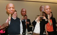 The Big Heads are out in the image of White Plains High School Head Coach Spencer Mayfield, as [l-r] WPHS Athletic Director Matt Cameron, retired Athletic Director Nick Panaro, Physical Education Coordinator Denise Tomici, Girls Tennis Coach Sue Adams and Physical Education Instructor Laura Owen celebrate the induction of Mayfield into the NYS Basketball Hall of Fame.