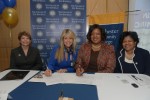 Dr. Dorothy Escribano, provost and senior vice president for academic affairs at The College of New Rochelle, CNR President Judith Huntington, Westchester Community College President Dr. Belinda Miles and Dr. Peggy Bradford, interim vice president and dean of academic affairs at WCC, sign the new articulation agreement between the two colleges last week.