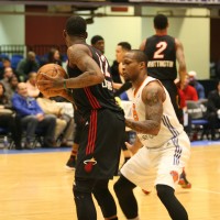 One of the highlights of the season for local fans was when the Westchester Knicks acquired the rights to 2008 White Plains High School graduate Ra’Shad James, on February 23. James (right) guarding Skyforce’s DeAndre Liggins (left) scored four points in local Knicks first-ever Playoff Game at the County Center and 17 points in Game 2, in Sioux Falls. 