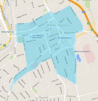 Map of the downtown White Plains Taxis Hail Zone.