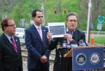 454 Rail Crossings pic | The Examiner News Edgemont resident Alan Brody joined state Sen. David Carlucci and Assemblyman Thomas Abinanti Friday at Commerce Street in Valhalla to urge the DOT to study state railroad crossings.