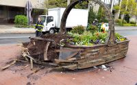 The WPBF basket at the intersection of S. Broadway and Westchester Avenue was the victim of an automobile accident last week. Photo courtesy of Beth Wallach.