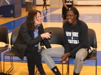 : Newsday Sports Columnist Barbara Barker (left) enjoys a lighthearted moment during an interview with NY Liberty Adut Bulgak (right), during Media Day, at the MSG Training Center, in Tarrytown. Bulgak is the Liberty’s first-round pick, 12th overall in the 2016 WNBA Draft. 