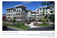 Architectural rendering of main entrance of proposed multi-family housing viewed from Corporate Park Drive.