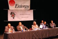 (Left to right) Westchester County DA Senior Investigator Jerome Clarke, retired Greenburgh PD Detective Daymon Yizar, State Supreme Court Justice Janet Malone, civil rights attorney Mayo Bartlett, and Westchester County Probations Officer Sylvester Price III discussed criminal justice and policing at an Oct. 28 forum at Westchester Community College. 