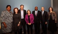 At a reception following the discussion, from left, Belinda S. Miles, president of WCC, Maureen Dowd, Bret Stephens, Ruth Marcus, Jason Riley, Lester Crystal and Eve Larner, vice president of External Affairs and executive director of the WCC Foundation.