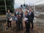 State Sen. David Carlucci, joined by other elected officials, talks about the Railroad Crossing Safety Bill that force the state Department of Transportation to study all of New York’s 5,300 railroad grade crossings and propose safety improvements. 