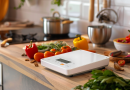 digital kitchen scale on a countertop along with assorted vegetables