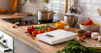 digital kitchen scale on a countertop along with assorted vegetables