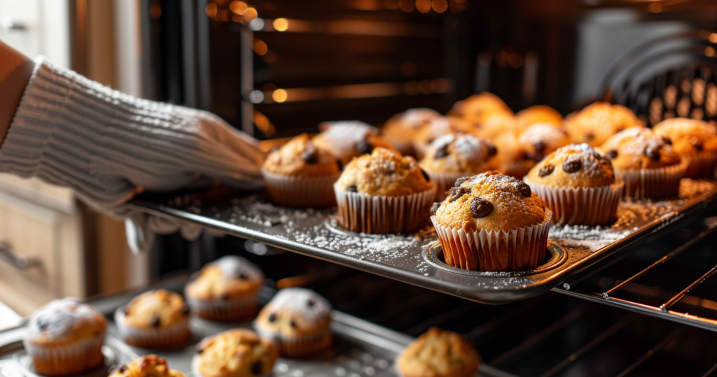 fresh muffins being taken out of an oven