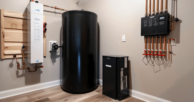 tank vs tankless hot water heaters - photo of a black hot water tank and a tankless hot water heater mounted on the well