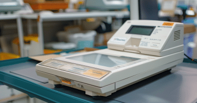 electronic postage scale - photo of an electronic postage scale on the counter of a mailroom