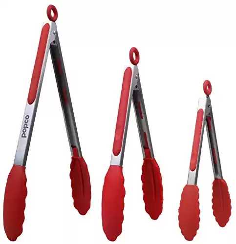 Popco Silicone Tongs for Cooking Grilling (3 food tongs x 7/9/12") Heavy Duty Stainless Steel BBQ Tongs for Grilling, Cooking Tongs, Kitchen Tongs with Silicone Tips, Salad Tongs, Rubber Tongs Bu...