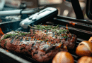 wireless meat thermometers - photo of two steaks cooking on a grill with a wireless thermometer seen in the background