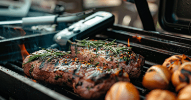 wireless meat thermometers - photo of two steaks cooking on a grill with a wireless thermometer seen in the background