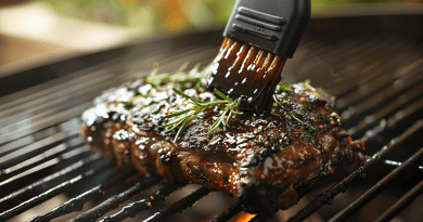 bbq sauce brush - photo of a steak on a grill with a basting brush spreading bbq sauce on it