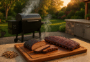 best wood pellets image of a cooked brisket and back of ribs with a wood pellet grill in the background