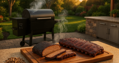 best wood pellets image of a cooked brisket and back of ribs with a wood pellet grill in the background