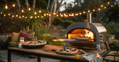 Compact backyard pizza oven in use, cooking a pizza with melted cheese and crispy crust on a cozy patio, ideal for outdoor dining.