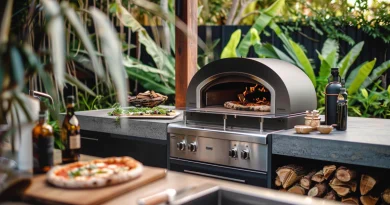 Outdoor kitchen with a multi-fuel pizza oven, showcasing wood, gas, and charcoal fuel options for versatile backyard pizza making.
