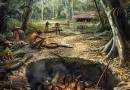 Ancient prehistoric earth oven cooking technique with hot stones and leaves, 29,000 BC.