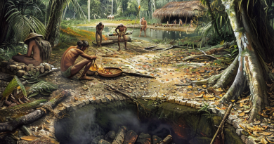 Ancient prehistoric earth oven cooking technique with hot stones and leaves, 29,000 BC.